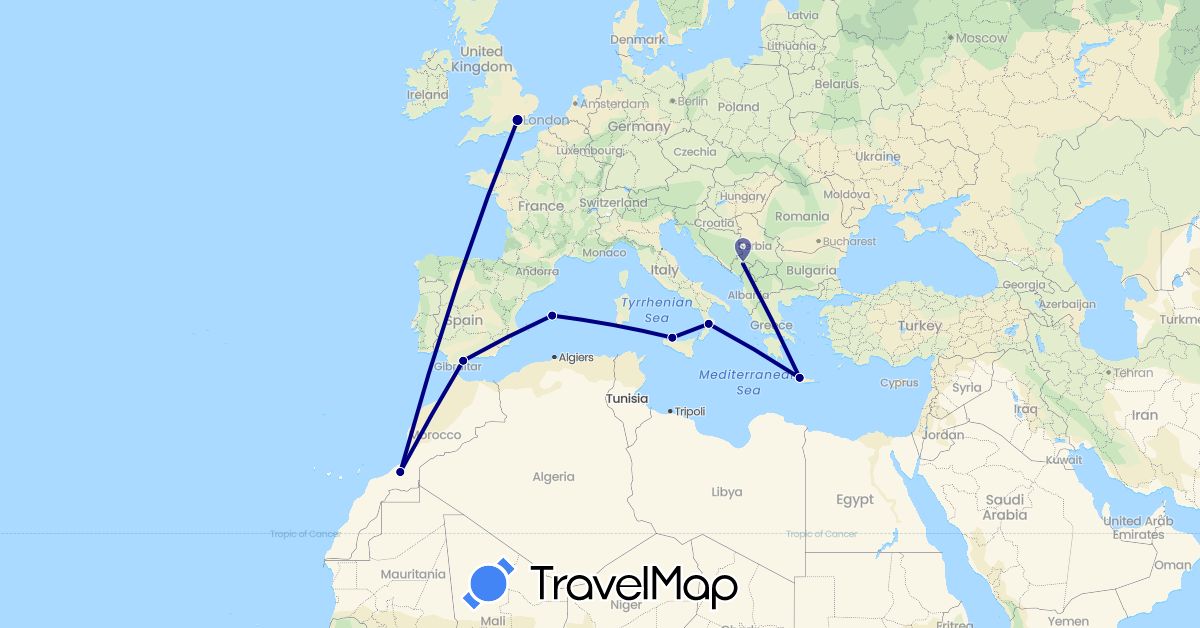 TravelMap itinerary: driving in Spain, United Kingdom, Greece, Italy, Morocco, Montenegro (Africa, Europe)